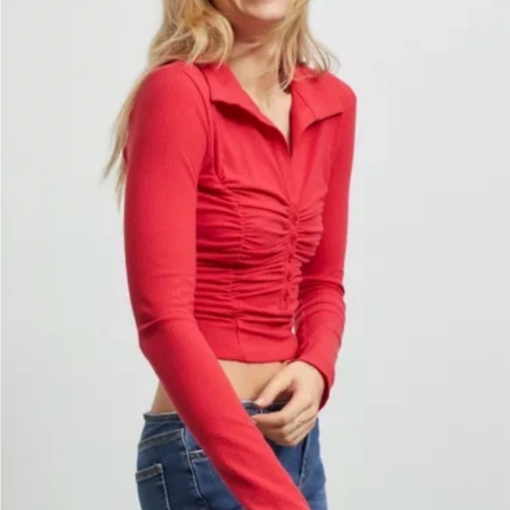 Urban Outfitters Red Ruched Collared Top